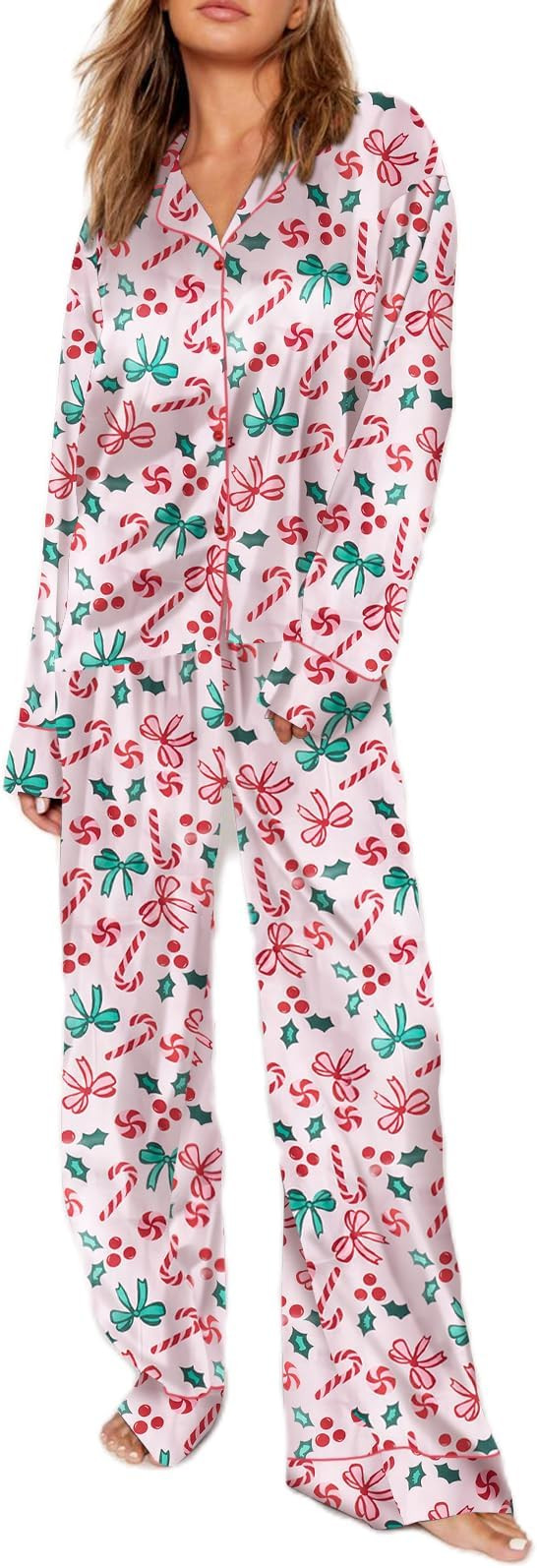 Seyurigaoka Satin Silk Valentine's Day Pajamas Set for Women Polka Dot Pjs Button Up Shirt+Pants ... | Amazon (US)