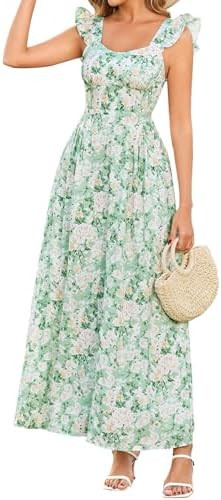 HTZMO Floral Summer Wedding Guest Maxi Dress Casual Ruffle A Line Beach Vacation Long Sundress fo... | Amazon (US)
