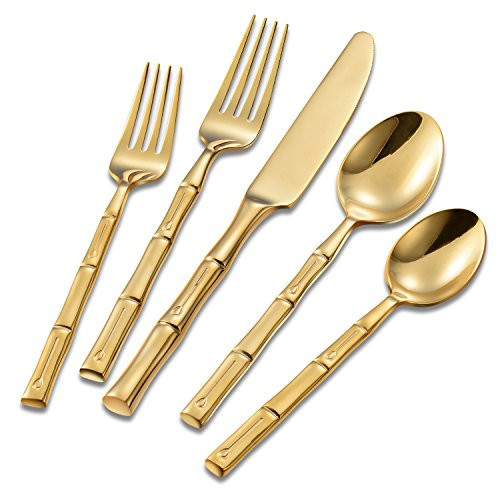 Flatasy Flatware Set Gold Silverware Set Stainless Steel Bamboo Handle Cutlery Set Mirror Polished 40 Pieces for Home Kitchen Restaurant Hotel Wedding Housewarming Gift Service for 8 | Amazon (US)