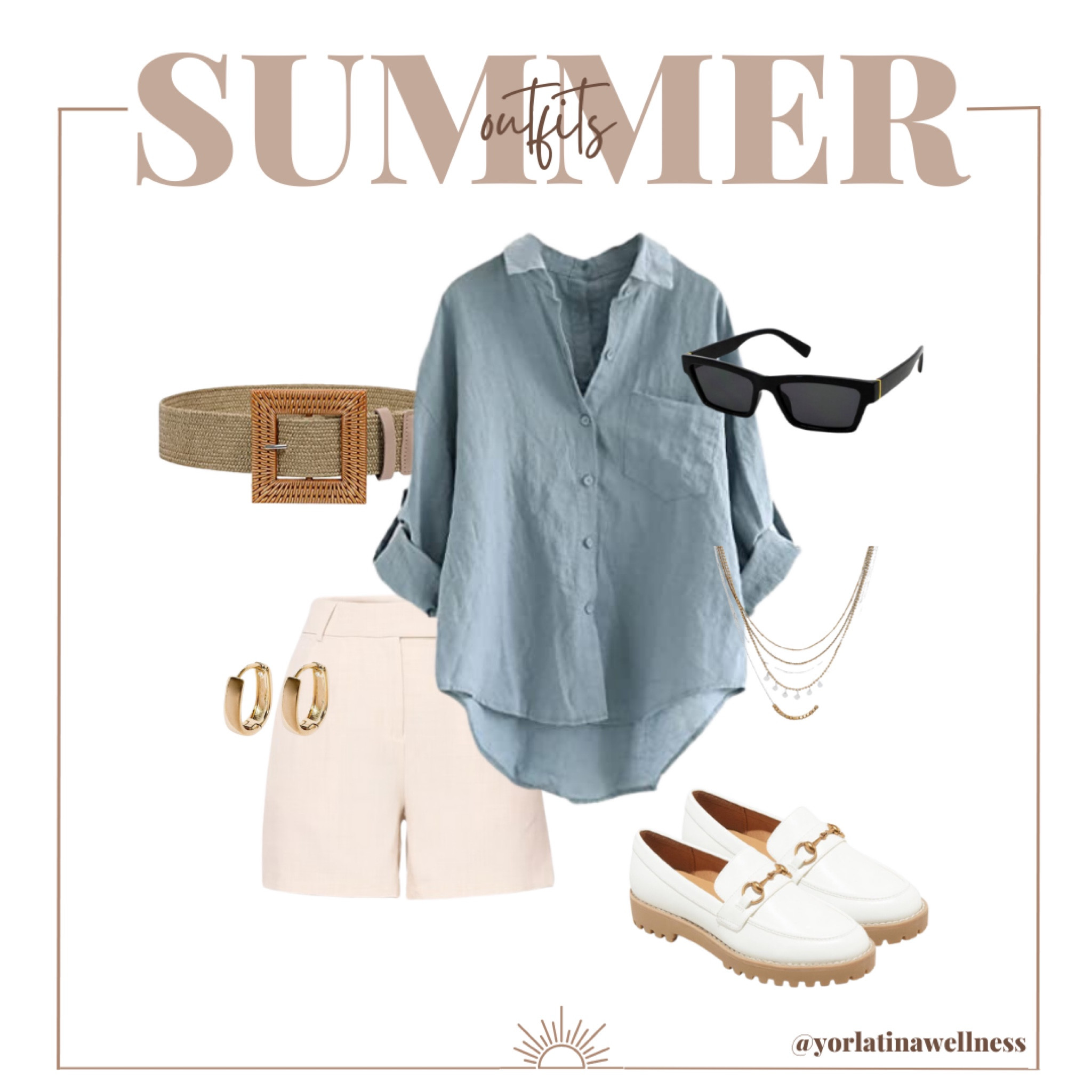 Summer Must Have Outfit, Summer outfit, vacation outfit, resort outfit, beach outfit, spring outfit, white shorts, linen shirt, white loafers, black sunglasses, multilayer necklace, gold hops, waist belt 

#LTKunder100 #LTKunder50 #LTKFind