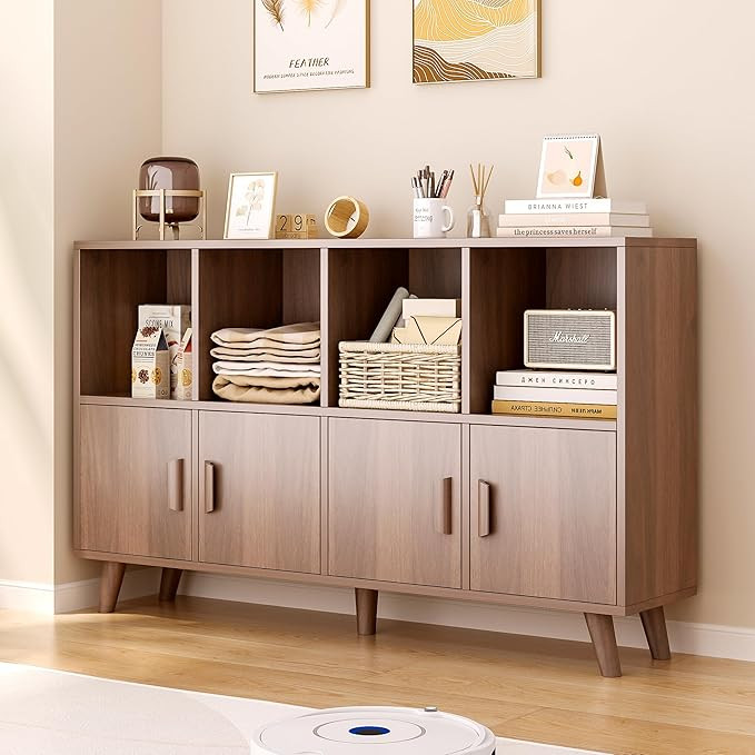 OSCHF Cubby Shelf Bookcase with Doors - Wooden 8 Cubes Floor Standing Open Bookshelf with Solid W... | Amazon (US)
