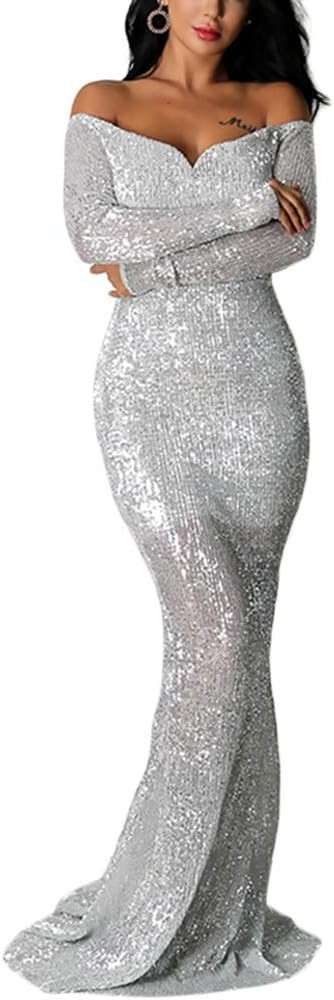Ohvera Women's Off Shoulder Sequined Long Sleeve Party Cocktail Evening Prom Gown Mermaid Maxi Lo... | Amazon (US)