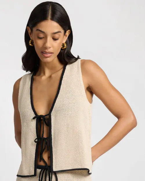 Onia Linen Knit Tie Front Tank Top in Birch/black at Nordstrom, Size Large | Nordstrom