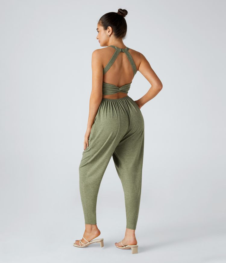 Women’s Backless Twisted U Neck Side Pocket Harem Casual Jumpsuit - Halara | HALARA