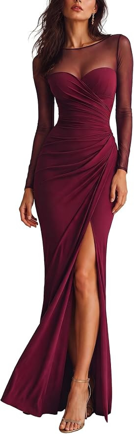 Women's Mesh Sheer Bodycon Maxi Long Sleeve Wedding Guest Dress | Amazon (US)