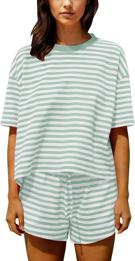 Womens Striped Pajamas Shorts Set Short Sleeve Crewneck Tee Wide Leg Drawstring Shorts Matching 2... | Amazon (US)