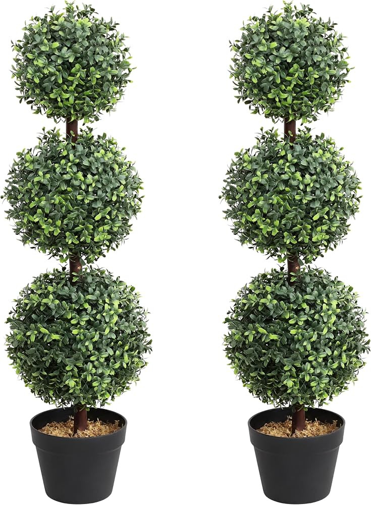 35inch Artificial Triple Ball Boxwood Topiary Tree, Boxwood Balls Topiary Outdoor, Faux Topiaries... | Amazon (US)