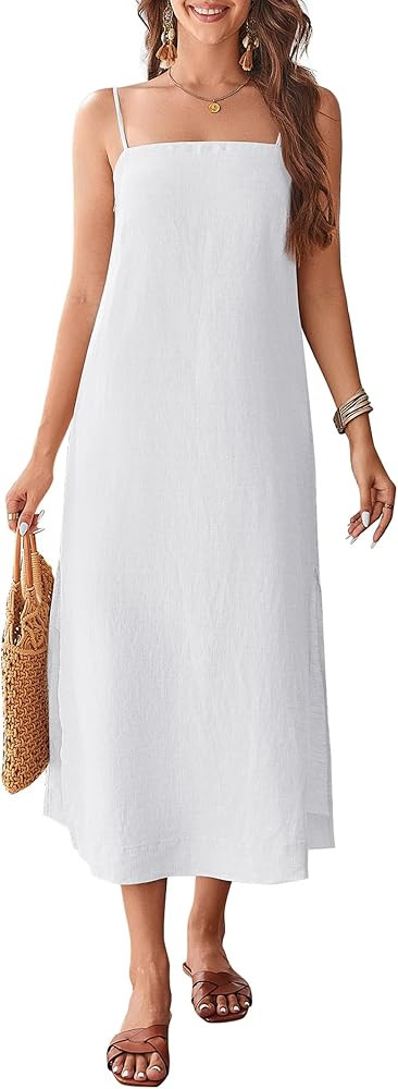 100% Linen Dress Square Neck Sleeveless Spaghetti Strap Summer Casual Midi Summer Dresses with Sl... | Amazon (US)