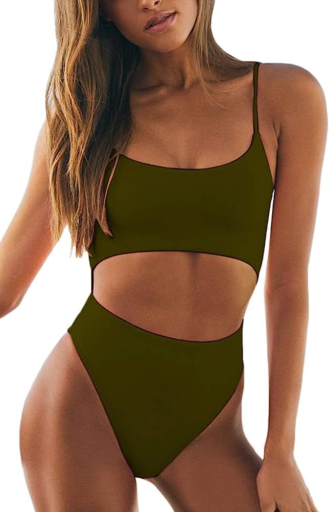 Meyeeka Womens Scoop Neck Cut Out Front Lace Up Back High Cut Monokini One Piece Swimsuit | Amazon (US)