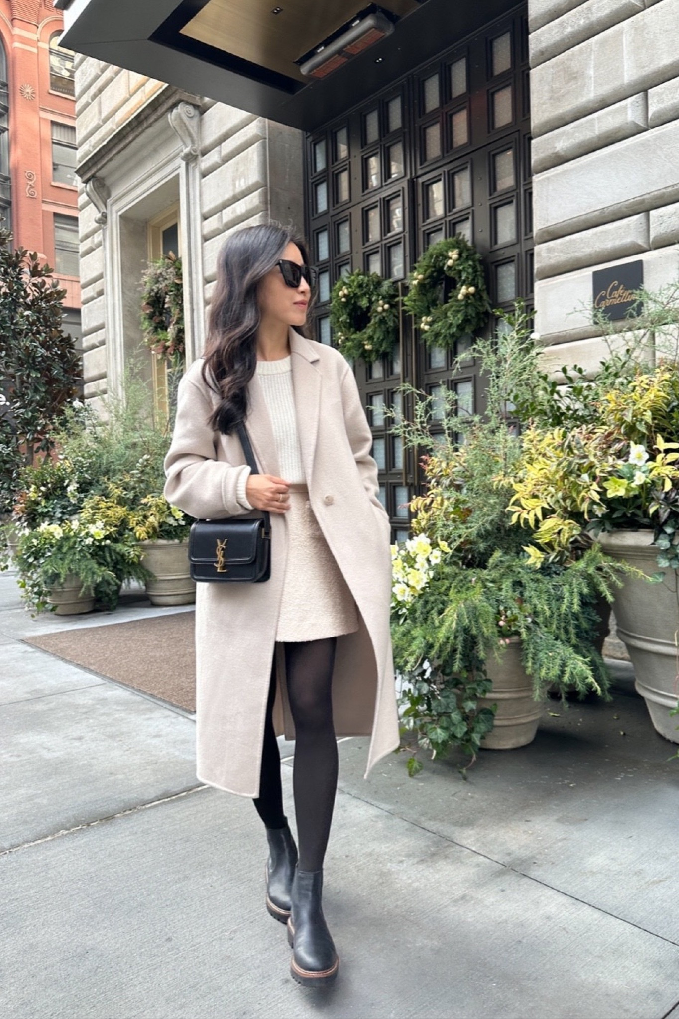 Winter white weekend brunch look. Love the classic combo of a monochromatic skirt, sweater and coat with black tights on black shoes! More winter coat styles on my latest blog post  

• Uniqlo coat size xxs, runs big and is an oversized fit on me. Linked a similar more luxe option that also runs bigger (I usually wear theory outfit size XP for an oversized fit)

• Quince fisherman cashmere sweater xs - medium weight and very soft. If you don’t want cashmere they make this same sweater in 100% cotton, 

• Old J Crew tweed cream skirt (linked similar), the similar reformation one linked is so cute!!

• Miller water resistant black Chelsea boots 5.5 

• YSL Kate sunglasses 

#petite winter outfits

#LTKSeasonal #LTKshoecrush #LTKitbag