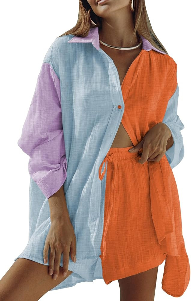 Fixmatti Women 2 Piece Outfits Long Sleeve Button Down Blouse and Shorts Sweatsuit Sets | Amazon (US)