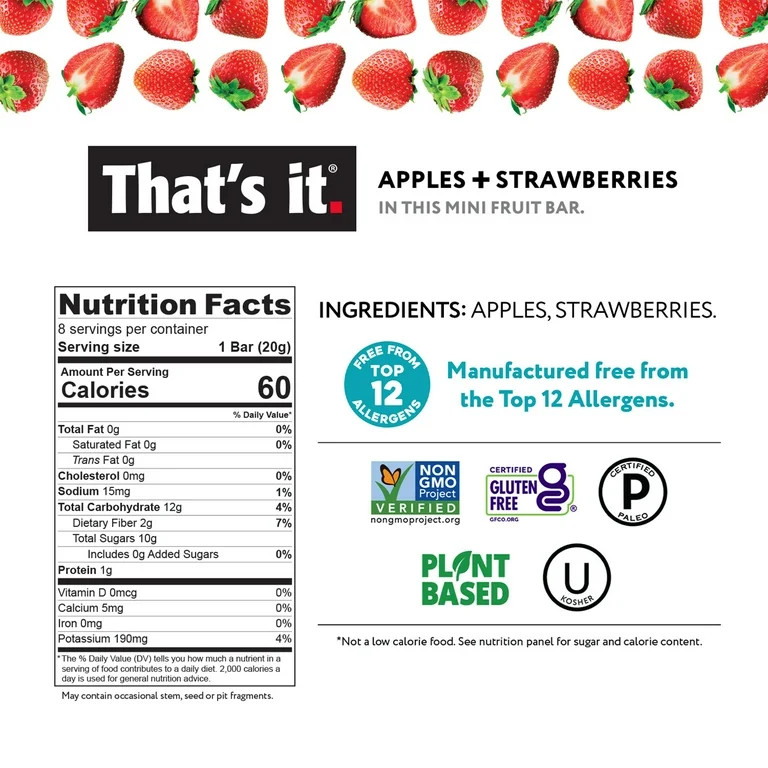That's it.Gluten-Free Soft&Chewy Fruit Bars Apple+Strawberry Fruit Bars, 0.7oz,8 Ct.Shelf Stable ... | Walmart (US)