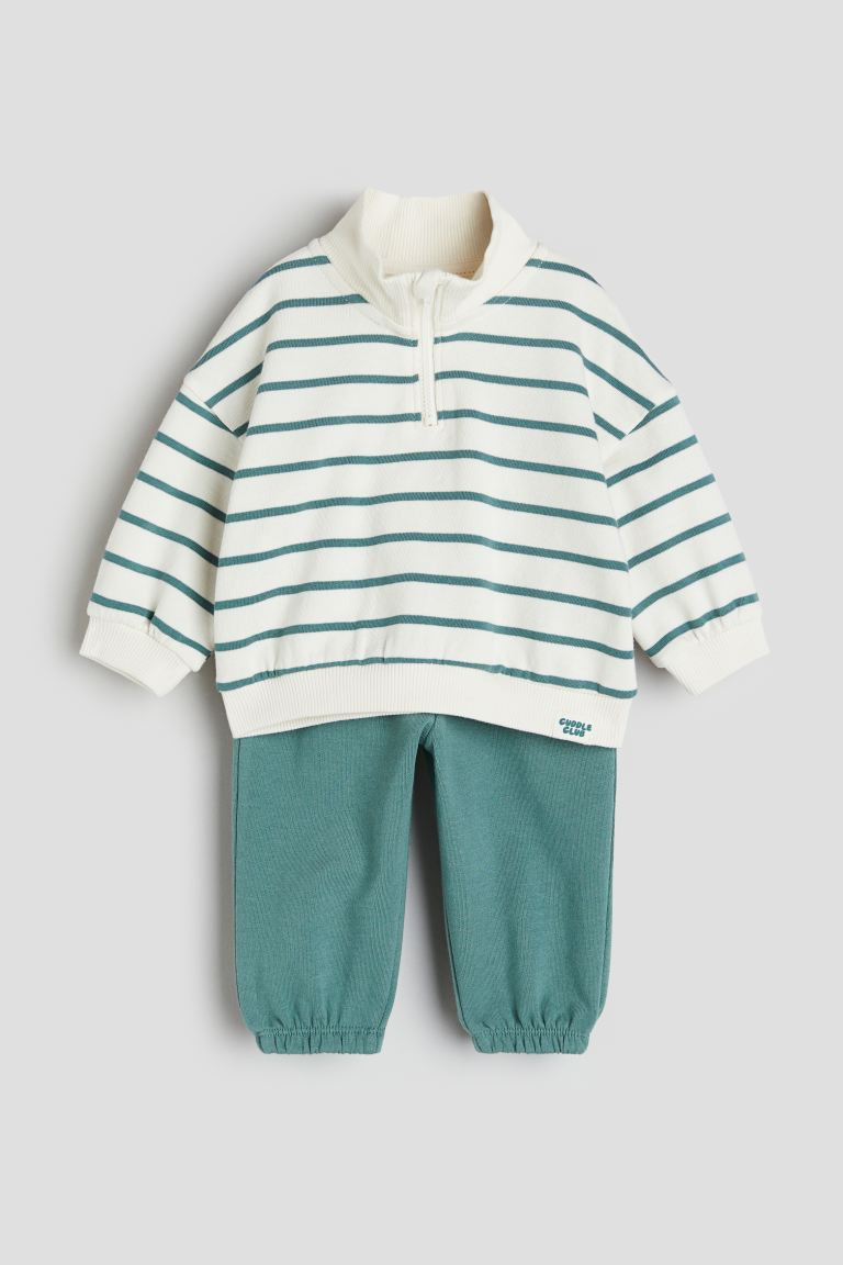 2-piece Cotton Set - Dusty green/striped - Kids | H&M US | H&M (US + CA)