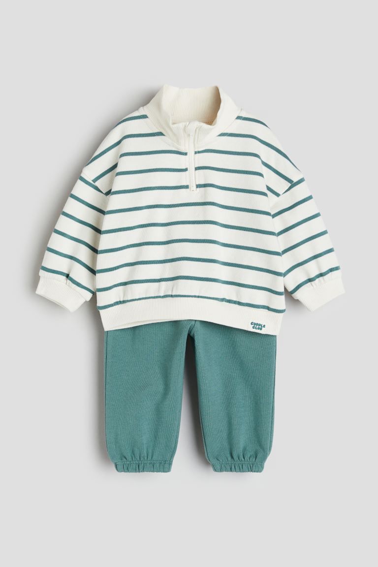 2-piece Cotton Set - Dusty green/striped - Kids | H&M US | H&M (US + CA)