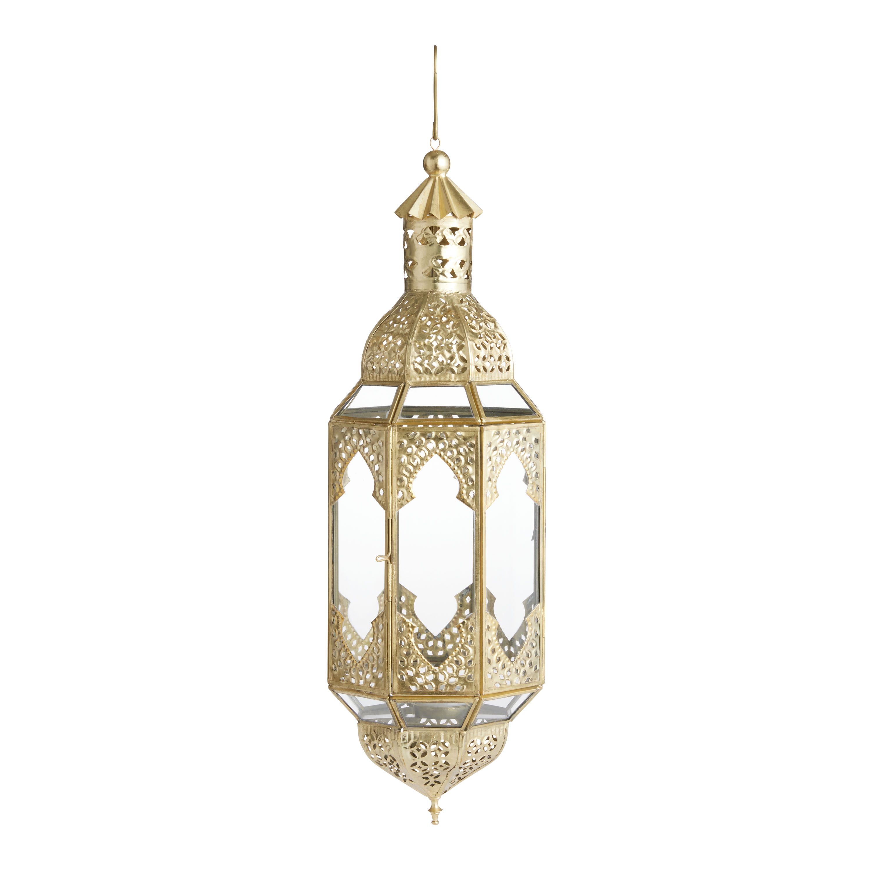 Latika Tall Antique Gold Hanging Candle Lantern | World Market