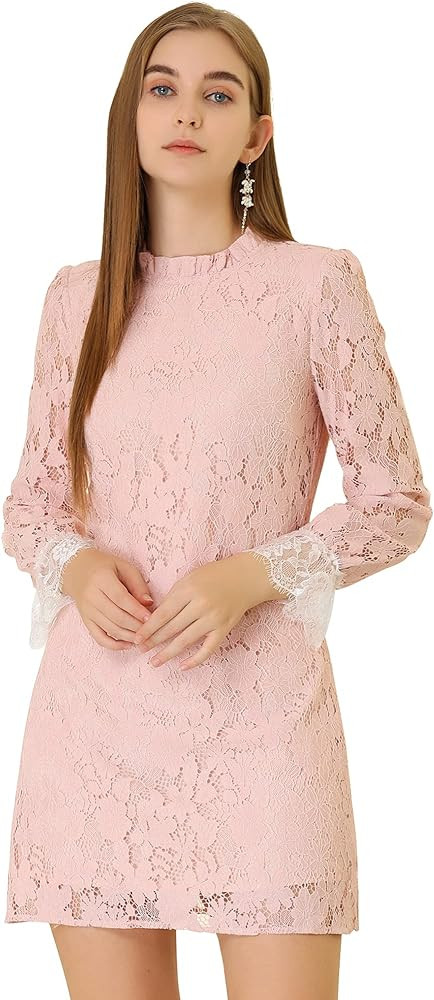 Allegra K Women's Cocktail Elegant Ruffle Crew Neck Floral Lace Shift Dress | Amazon (US)