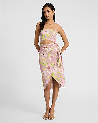 Floral Linen-Blend Strapless Cutout Tie Wrap Midi Sheath Dress | Express