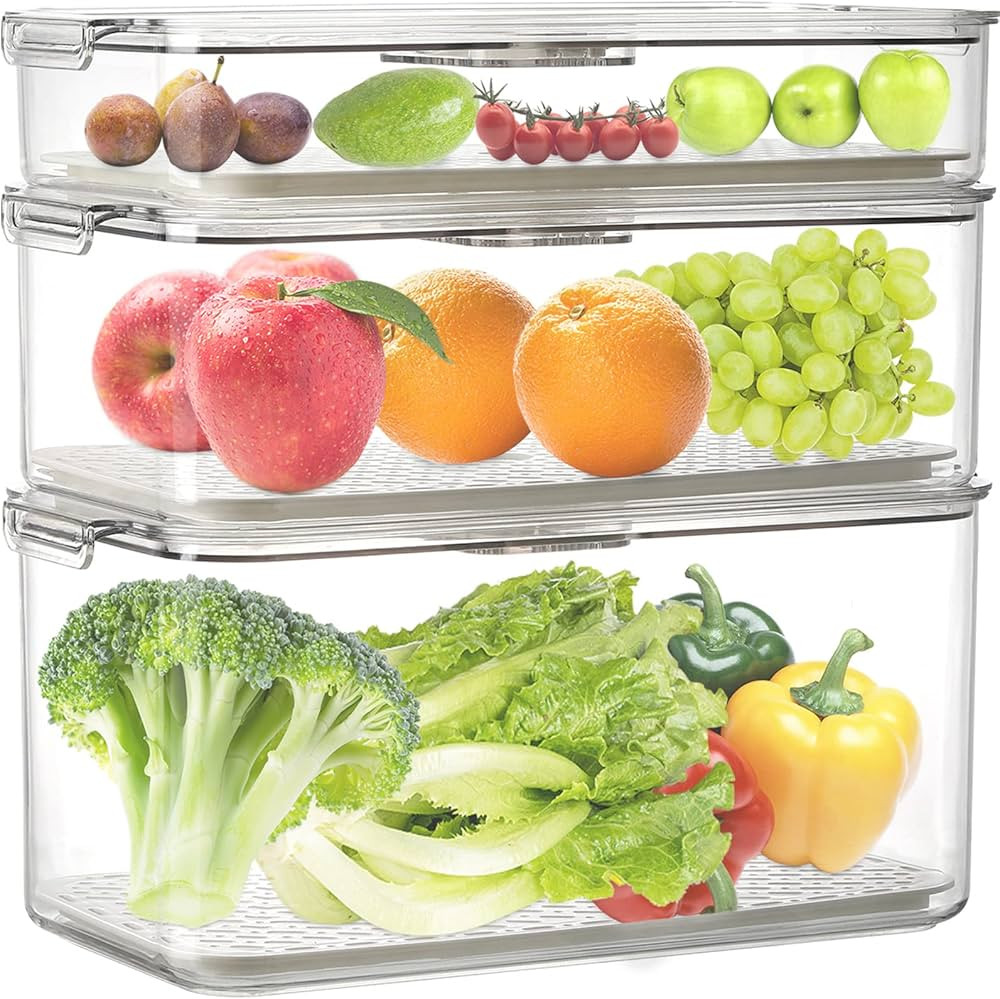 Lyellfe Set of 3 Produce Saver Containers, Vegetable Fruit Storage Containers for Fridge, Designe... | Amazon (US)