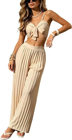 Women's Pleated Chiffon Macthing Sets Crop Tops And Pants Party Vacation Beach Cruise Two Piece O... | Amazon (US)