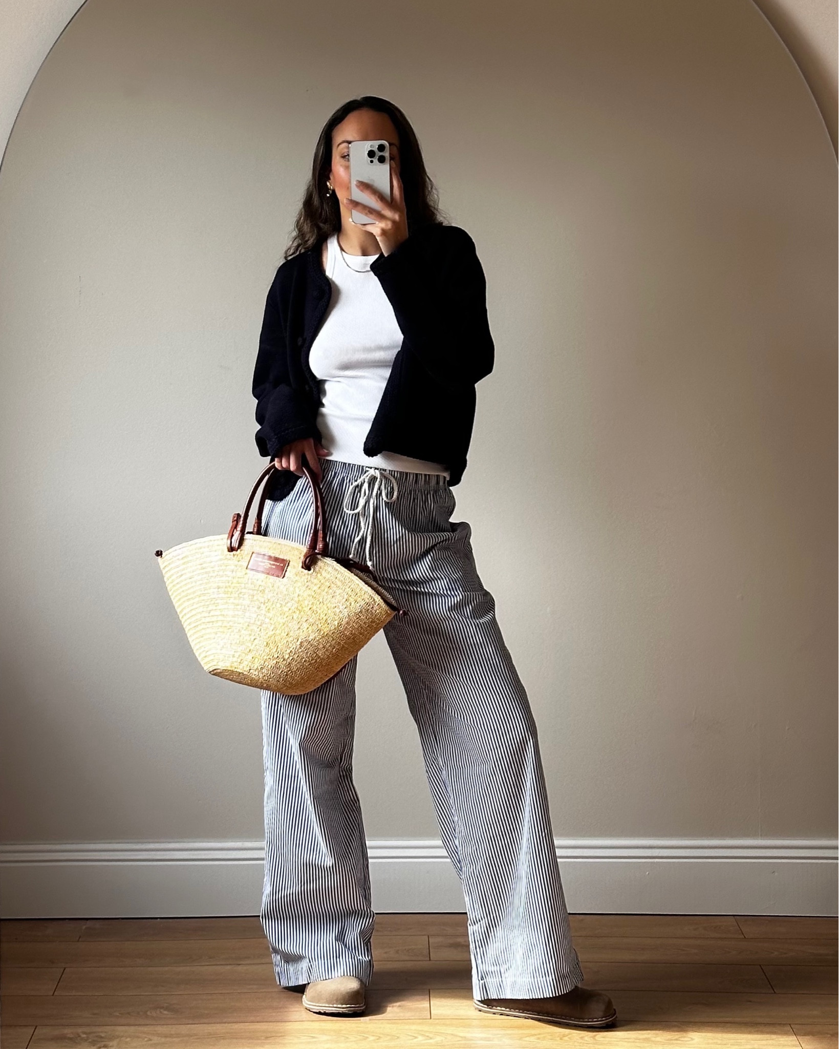 Pyjama pant, poplin trousers, blue stripe trousers, Sezane knit, Sezane jacket, wardrobe staples, everyday basics, Birkenstock lutry clog 

#LTKeurope #LTKstyletip
