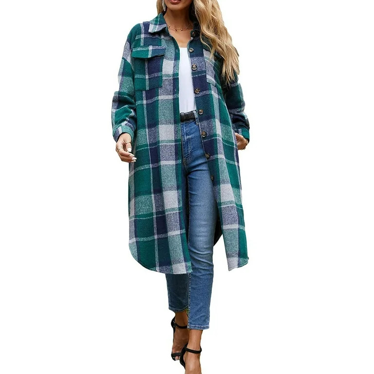 Fantaslook Flannel Shirts for Women Button Up Plaid Shirt Long Pocketed Shacket Jacket Coat | Walmart (US)