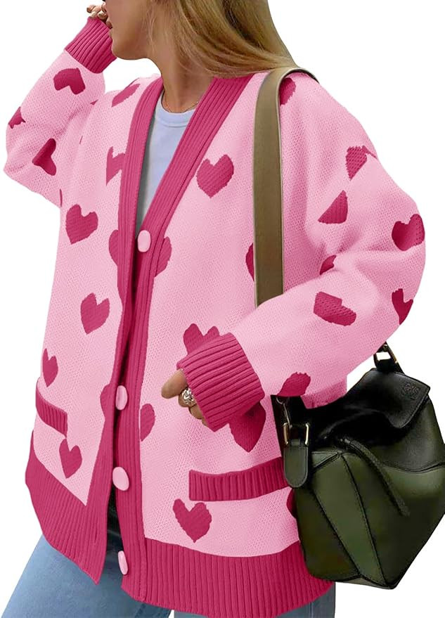 Saodimallsu Womens Oversized Heart Cardigan Color Block V Neck Button Long Sleeve Chunky Valentin... | Amazon (US)