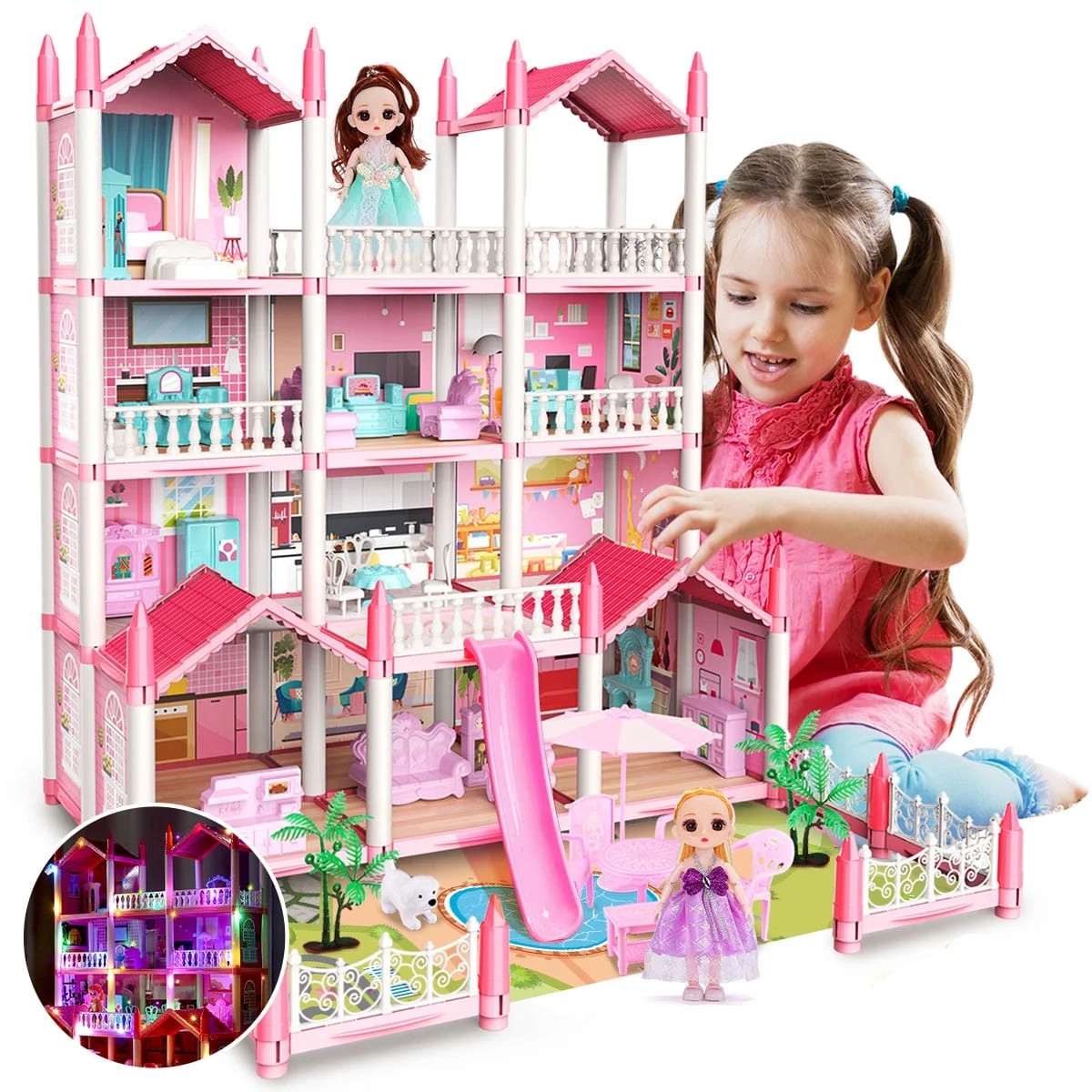JoyStone Play Dollhouse with Doll Toy Figures, 14 Rooms Furniture and Colorful Lights, Creative D... | Walmart (US)