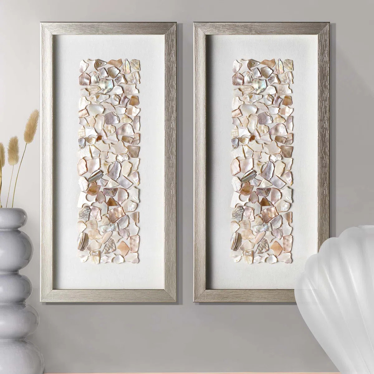 Corradina Neutral Seashell Mosaic Panel Wall Art Set with Champagne Silver Frame - Handcrafted 2 ... | Wayfair North America
