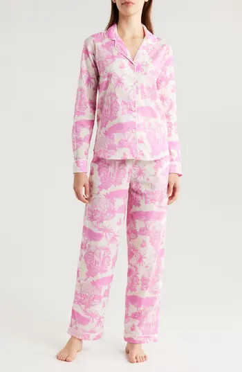 Desmond & Dempsey Long Sleeve Cotton Pajamas in Loxodonta Pink at Nordstrom Rack, Size Large | Nordstrom Rack