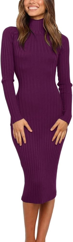 MEROKEETY Women's 2024 Ribbed Long Sleeve Sweater Dress High Neck Slim Fit Knitted Midi Dress | Amazon (US)