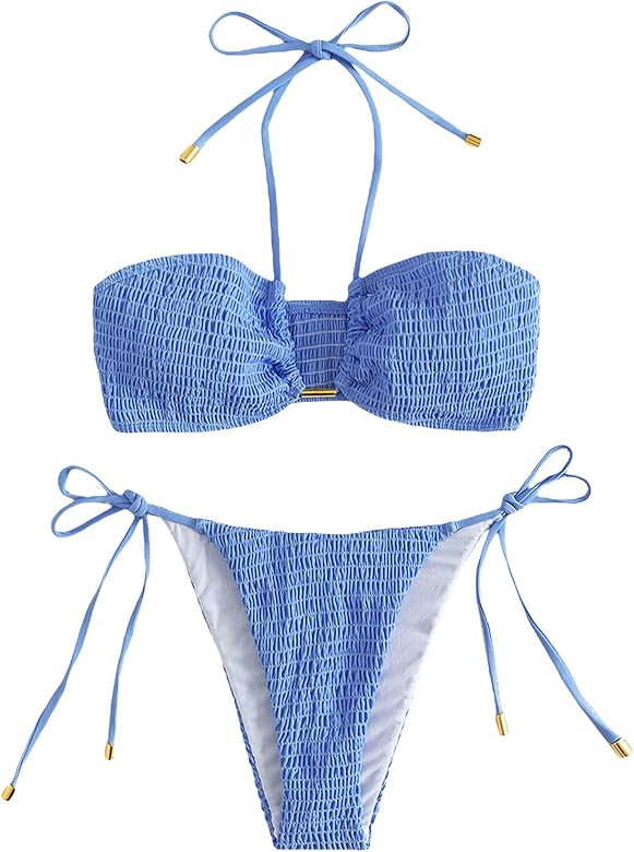 SweatyRocks Women's 2 Piece Bathing Suit Ribbed Tie Side Halter Bikini Swimsuit | Amazon (US)