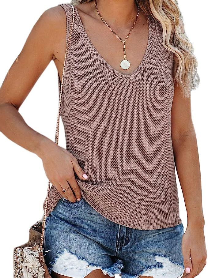 Tutorutor Womens Sleeveless V Neck Sweater Vest Summer Fall Knitted Loose Cami Tank Tops | Amazon (US)