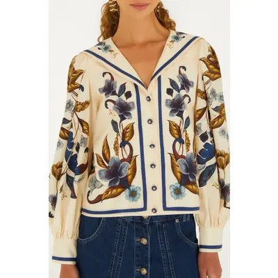 FARM Rio Golden Nature Floral Sailor Collar Button-Up Top in Golden Nature Cream at Nordstrom, Size Medium | Nordstrom