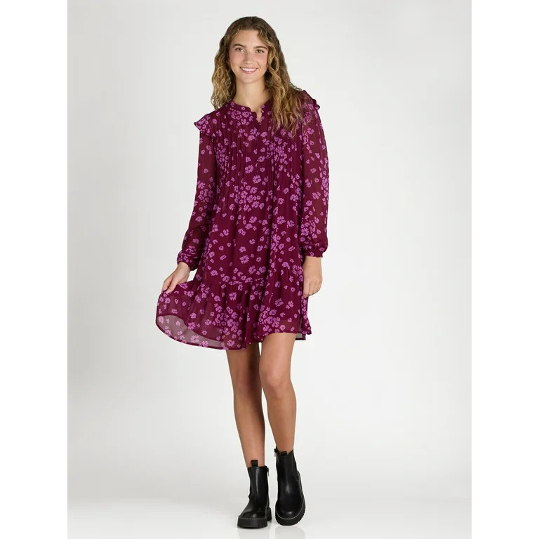 Time and Tru Women's Pintuck Mini Dress with Long Sleeves, Sizes XS-XXXL | Walmart (US)