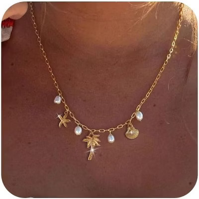 Dainty Gold Beach Charm Necklace With Shell & Starfish Pendant - Non-Tarnish Summer Jewelry Gift For Women | Target