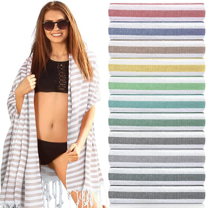 Preboun 12 Pcs Turkish Cotton Beach Towel Bulk 40 x 71'' Oversized Turkish Beach Blanket Quick Dr... | Amazon (US)