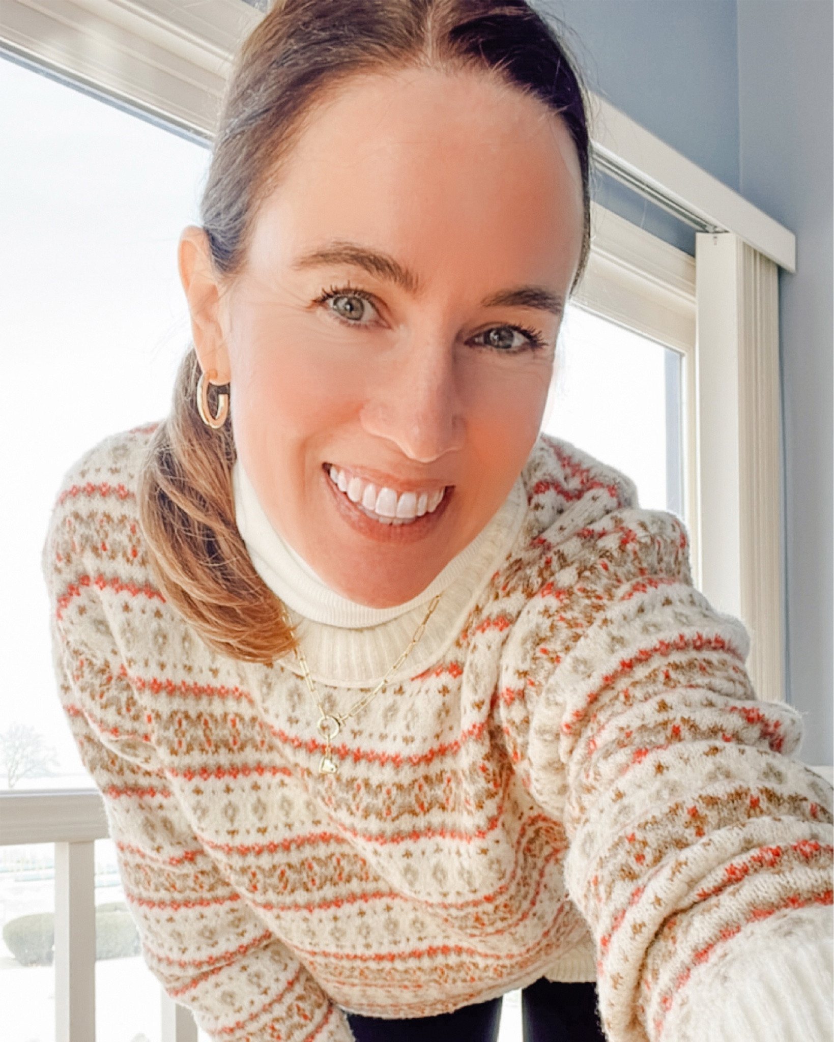 Fair isle winter sweater with free people turtleneck and gold heart charm necklace. #valentinesdaygift #wintersweater #winterstyle #readyforspring #over40style #Gorjana 

#LTKSaleAlert #LTKOver40 #LTKMostLoved