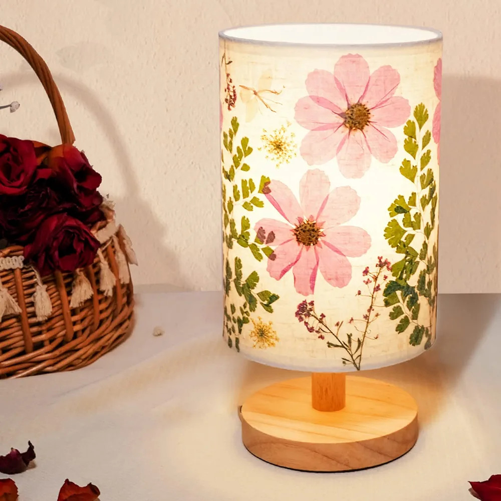 Dried Flowers Table Lamp 5W LED 3-color Pressed Flower Bedside Lamp Linen Shade Table Lamp with W... | Amazon (US)