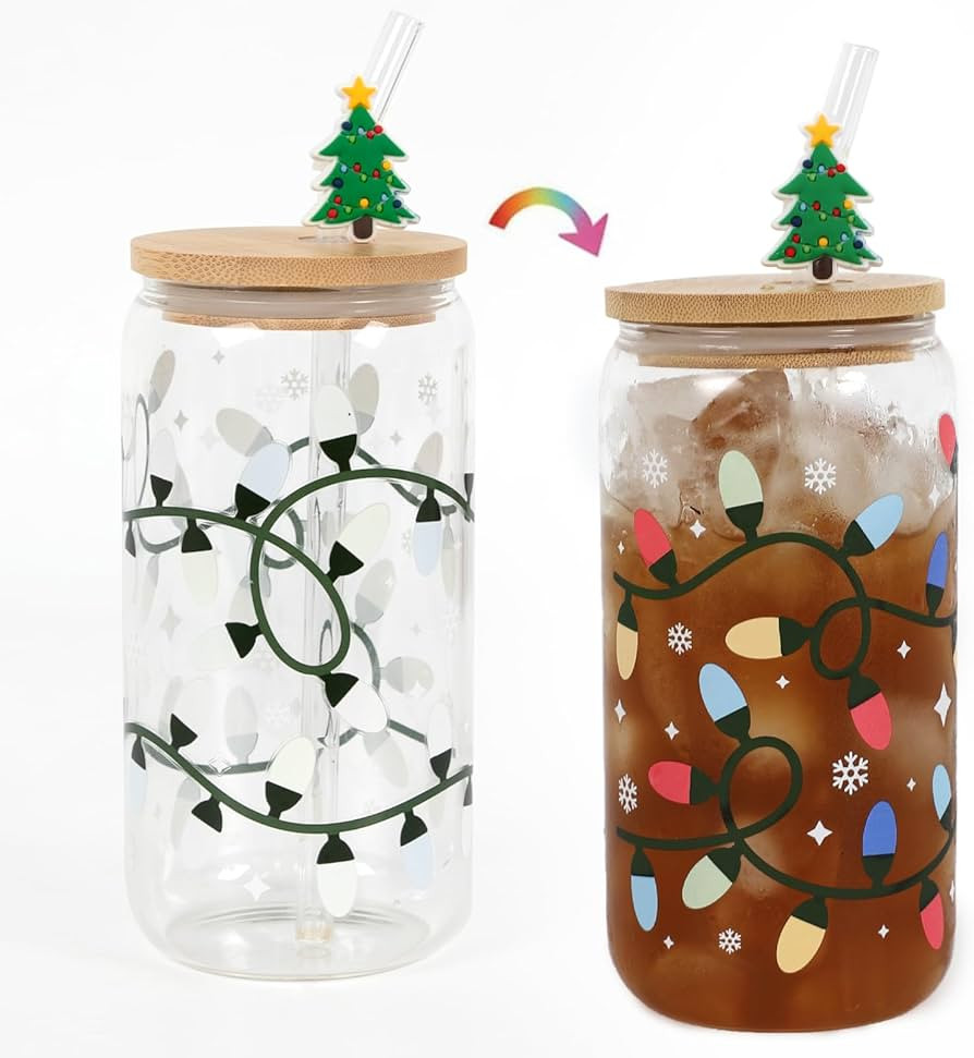 Christmas Gifts, 18oz Color Changing Christmas Lights Iced Coffee Can Glass, Christmas Glass Cup ... | Amazon (US)