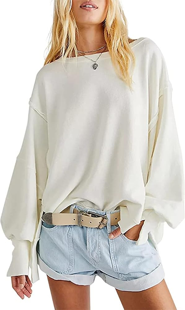 Xintianji Women's Casual Solid Oversized Contrast High Low Hem Patchwork Sweatshirts Crew Neck Si... | Amazon (US)