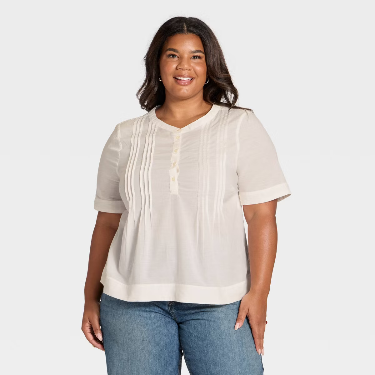 Women's Elbow Sleeve Button-Front Pintuck Blouse - Universal Thread™ Cream XXL | Target