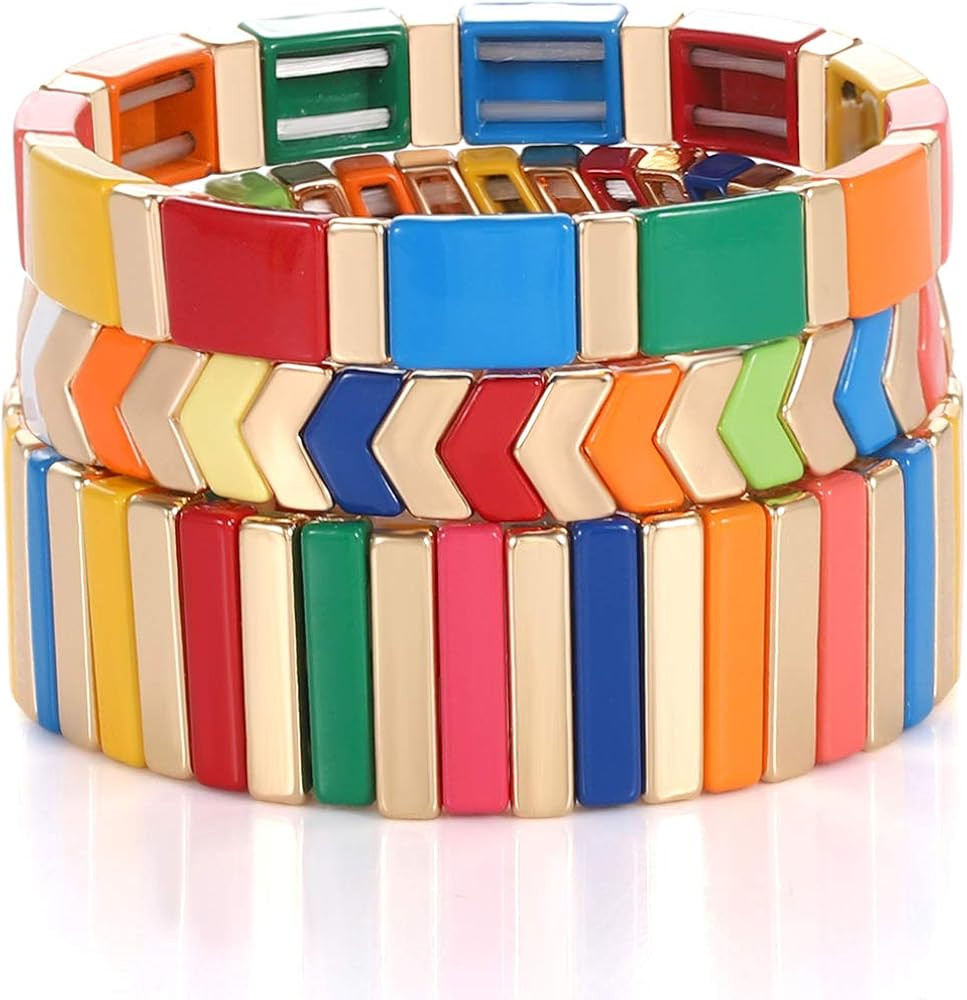Rainbow Enamel Tile Bracelet Colorful Enameled Beaded Stretch Bracelet Stackable Color-Block Stra... | Amazon (US)