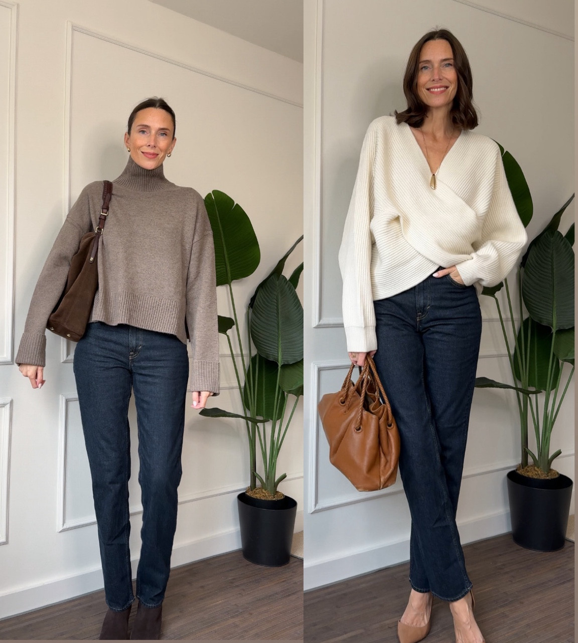 Dark denim outfits for autumn. A pair of dark, straight-leg jeans styled here with a taupe knit and a cream knit. 

Fall outfits, autumn outfits, jeans outfit  

#LTKStyleTip #LTKFindsUnder50 #LTKSeasonal