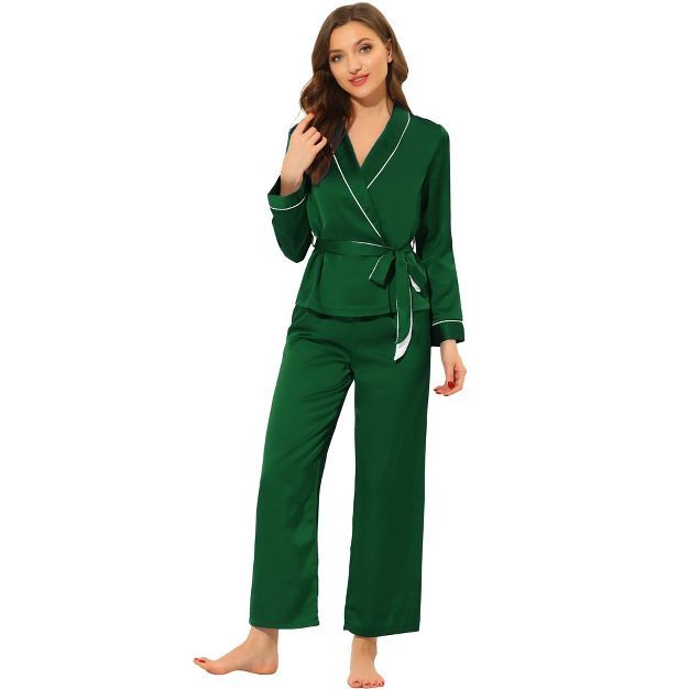cheibear Womens Satin Sleepwear Pj Sets Robe with Pants Nightwear Lounge Pajama Set Green Large | Target