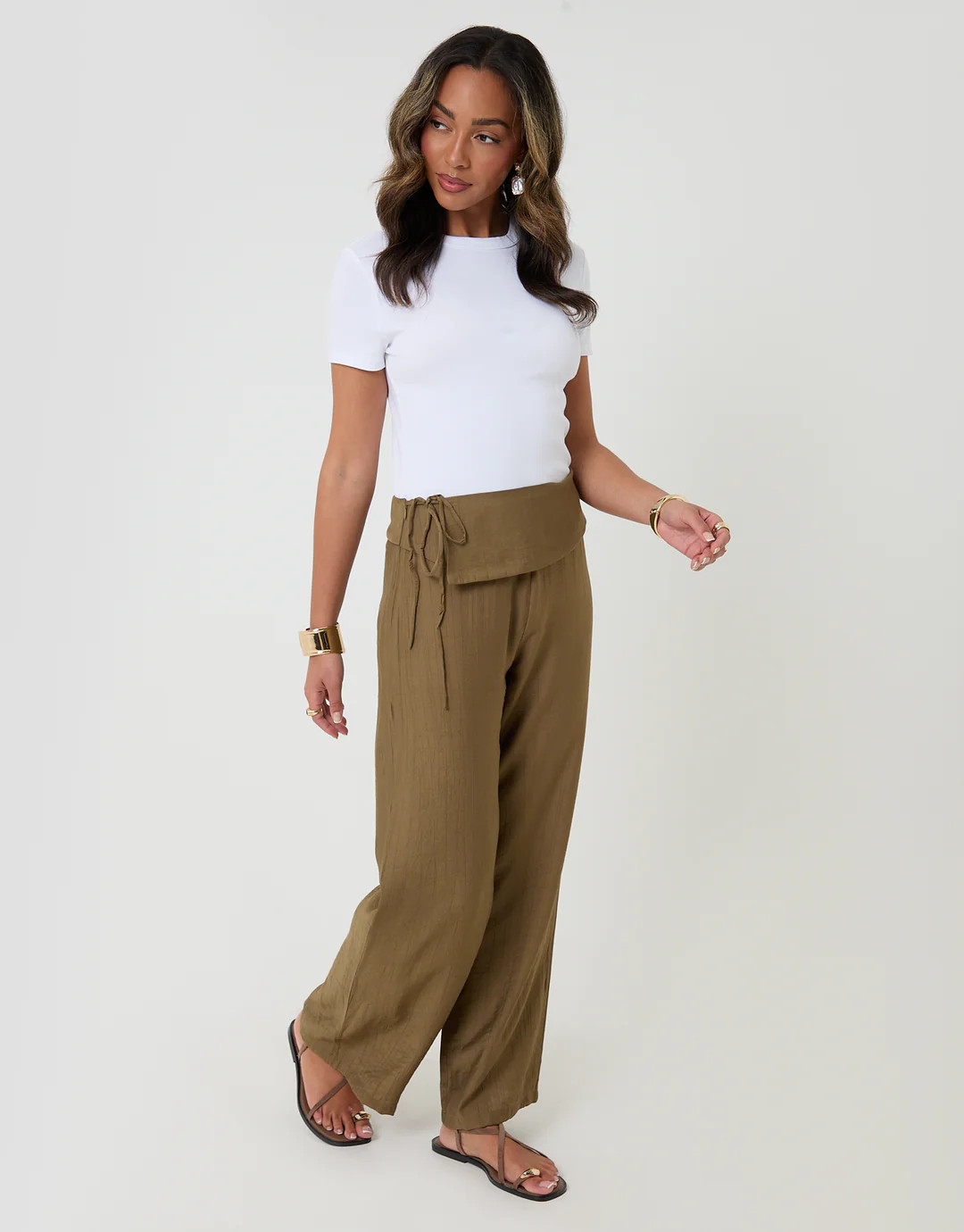 Wide Leg Wrap Front Textured Trousers in Khaki Green | Threadbare UK