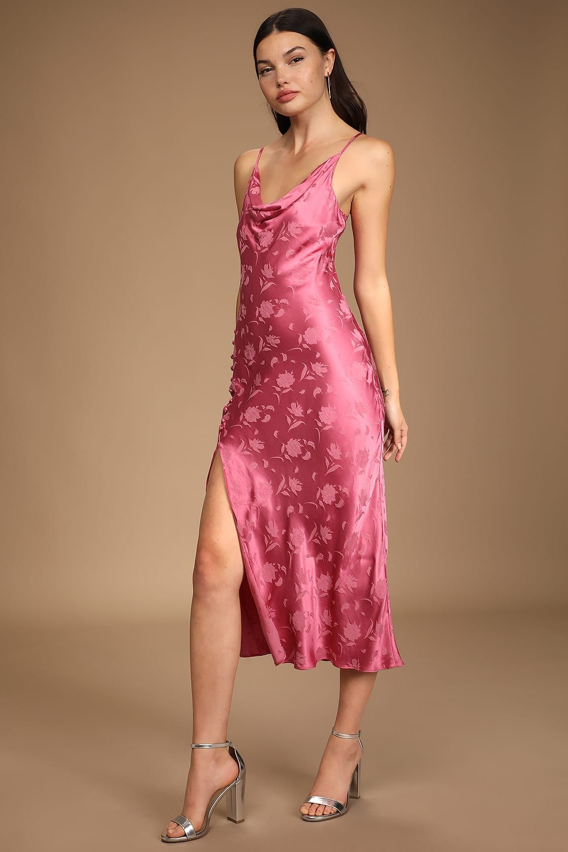 All About You Pink Floral Jacquard Satin Midi Dress | Lulus (US)