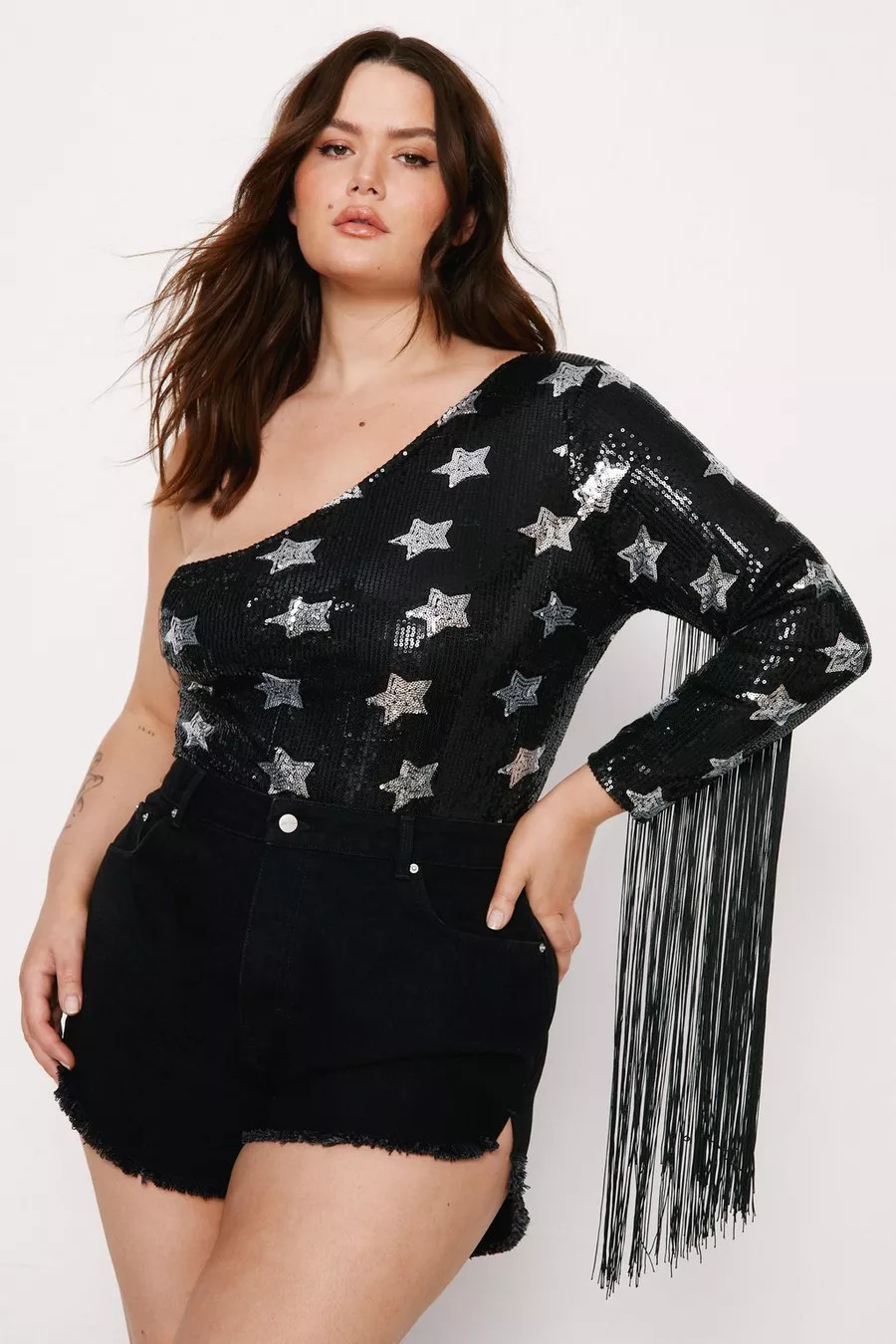 Plus Size One Shoulder Star Sequin Fringe Bodysuit | Nasty Gal UK (+IE)