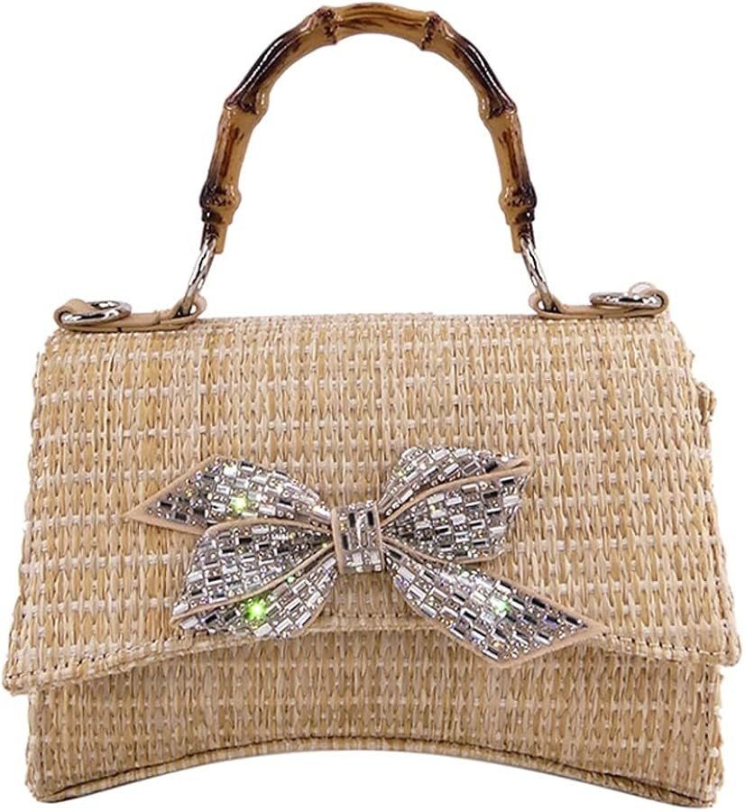 Women's Rhinestone Satchel Handbags Bamboo Top Handle Woven Bowknots Evening Party Crossbody Bag ... | Amazon (US)