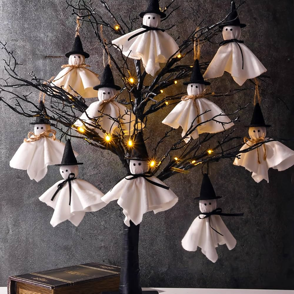 Halloween Decor Black Tree: 27" Spooky Lighted Artificial Tree with 10pcs Hatted White Ghost Orna... | Amazon (US)