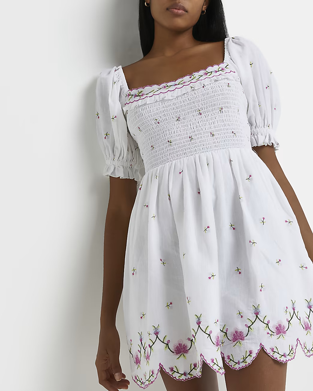 White embroidered shirred mini dress | River Island (UK & IE)